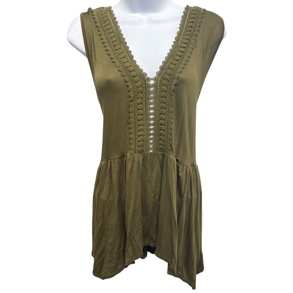 Ambiance‎ Womens Olive Green Crochet Lace V-Neck Peplum Sleeveless Top 1XL